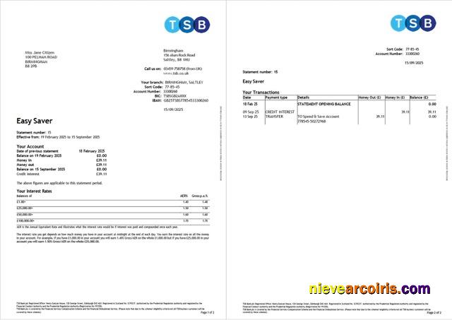 UK TSB Bank account statement Word and PDF, 2 pages